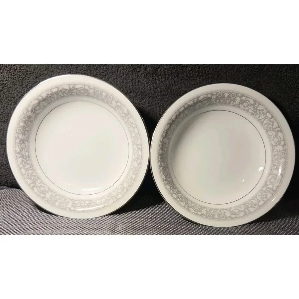 Noritake China Naples 6975 2 Coupe Soup Bowls White W/Gray Floral Trim